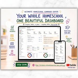 May include: A digital homeschool dashboard displayed on a laptop and smartphone screen. The text reads: ULTIMATE HOMESCHOOL COMMAND CENTER, YOUR WHOLE HOMESCHOOL, ONE BEAUTIFUL DASHBOARD, TRACK PROGRESS, PLAN LESSONS, ORGANIZE SUBJECTS, STAY MOTIVATED, YOUR PLAN, YOUR WAY, FOCUS ON WHAT MATTERS, VIEW DEMO.