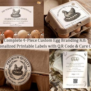 Peut inclure: Un kit d'étiquetage d'œufs personnalisé avec des étiquettes et des cartes d'entretien. Le kit comprend des étiquettes avec le texte "The Turner Family Homestead" et "Farm Fresh Eggs". Les étiquettes présentent un dessin de poule sur un nid. Le kit comprend également une étiquette avec des instructions de stockage des œufs.
