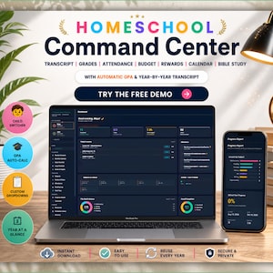 Peut inclure: Un tableau de bord numérique Homeschool Command Center affiché sur un ordinateur portable et un smartphone. L'interface comprend des sections pour les relevés de notes, les notes, l'assiduité, le budget, les récompenses, le calendrier et l'étude biblique.