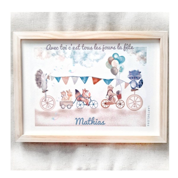 affiche poétique enfant reproduction de mes aquarelles personnalisable prénom et message au choix vélo, fête et animaux rigolos format  A4