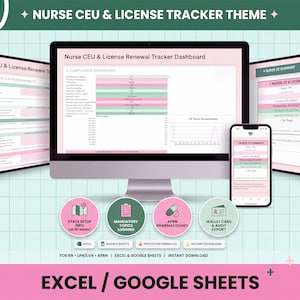 Peut inclure: Un tableau de bord numérique de suivi des CEU et renouvellements de licence infirmière affiché sur un écran d'ordinateur et un smartphone, avec des tableaux, graphiques et quatre icônes circulaires roses et vertes pour les infos d'état et audits.