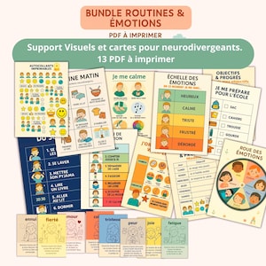 Peut inclure: Ensemble de PDF imprimables pour le soutien des personnes neurodivergentes, avec des aides visuelles et des cartes d'émotions. Comprend des routines, des graphiques d'émotions, des listes de contrôle et des planches d'autocollants.