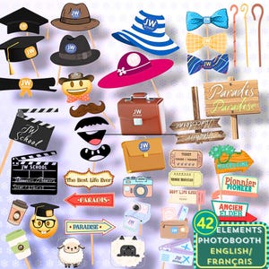 Jw 42 Accessoires photo Jw téléchargeables photobooth Jw français & anglais format A4  cours anciens, cours pionniers EMR, EER, assemblée jw