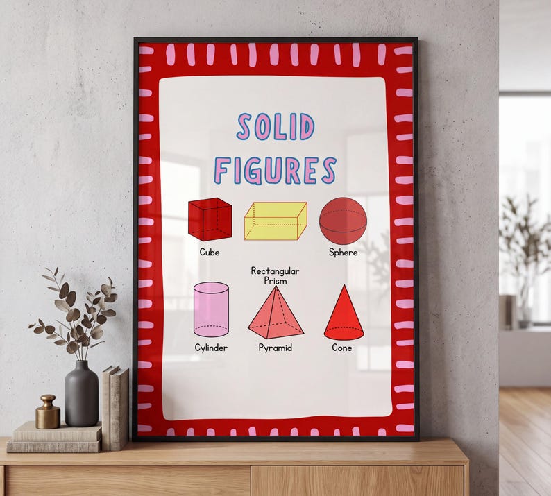 Puede incluir: Un p&oacute;ster educativo enmarcado con el t&iacute;tulo SOLID FIGURES en texto azul, que presenta ilustraciones de un cubo rojo, un prisma rectangular amarillo, una esfera roja, un cilindro rosa, una pir&aacute;mide roja y un cono rojo sobre fondo blanco.