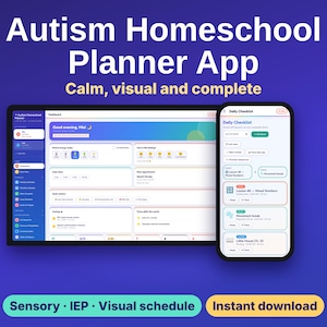 Peut inclure: Une interface d'application de planification scolaire pour l'autisme affichée sur une tablette et un smartphone. L'écran présente un tableau de bord avec des listes de contrôle, des suivis d'humeur et des emplois du temps. Texte : Autism Homeschool Planner App, Calm, visual and complete, Sensory, IEP, Visual schedule, Instant download.