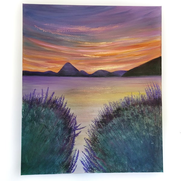 Tableau peinture unique Provence lac et montagne entourés de lavande violet,rose, orange, feuille d'or  signé 61x50cm
