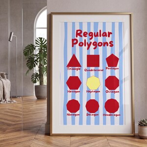 Puede incluir: Un p&oacute;ster educativo enmarcado titulado Regular Polygons con un fondo de rayas verticales azul claro y blanco. Muestra nueve formas rojas y un hept&aacute;gono amarillo, cada uno etiquetado con su nombre en texto rojo, incluyendo triangle, quadrilateral, pentagon, hexagon, heptagon, octagon, nonagon, decagon y hendecagon.
