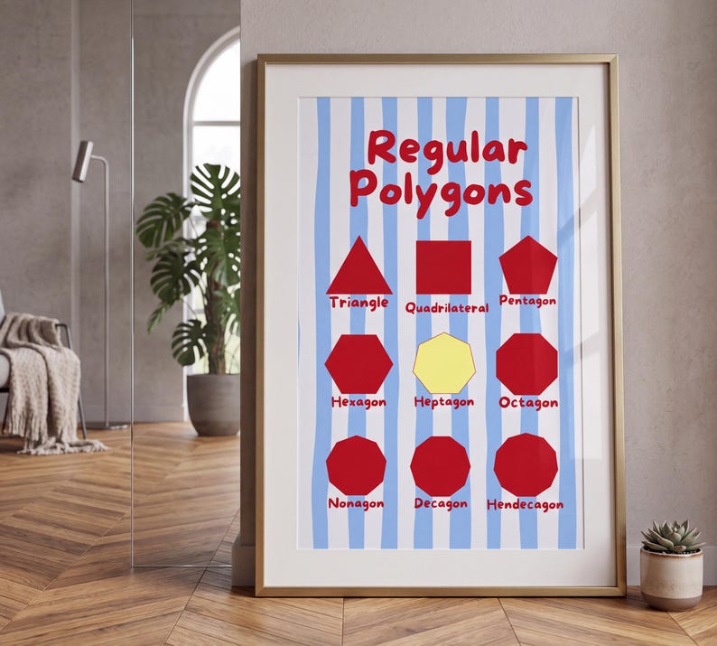 Puede incluir: Un p&oacute;ster educativo enmarcado titulado Regular Polygons con un fondo de rayas verticales azul claro y blanco. Muestra nueve formas rojas y un hept&aacute;gono amarillo, cada uno etiquetado con su nombre en texto rojo, incluyendo triangle, quadrilateral, pentagon, hexagon, heptagon, octagon, nonagon, decagon y hendecagon.