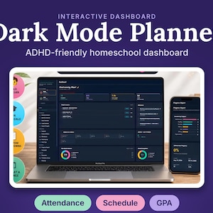 May include: A digital interactive dashboard titled Dark Mode Planner ADHD-friendly homeschool dashboard displayed on a laptop and smartphone screen, featuring dark backgrounds with colorful charts, progress reports, and navigation menus.