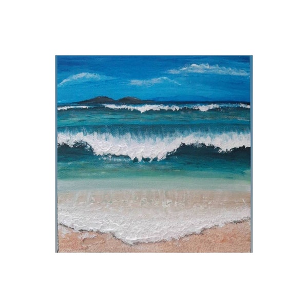 Tableau toile 60 x 60 cm  peinture mer plage tropique turquoise sable îles antilles uniques signé original salon chambre made in france