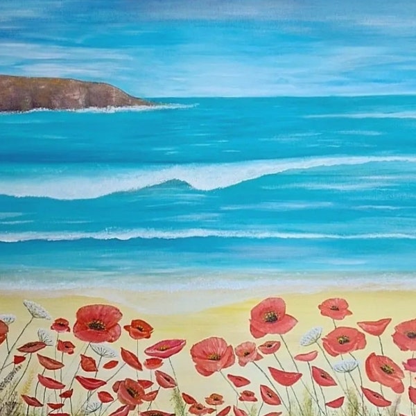 Tableau peinture 61x50 cm Thème plage de coquelicots et mer avec île lointaine couleur bleu ciel,  vert d'eau sable et rouge unique et signé