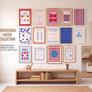 Une collection de quatorze affiches éducatives murales illustrant des concepts mathématiques tels que les solides, la valeur de position, la multiplication, les fractions, les angles, les nombres, les opérations, les polygones et les symboles.