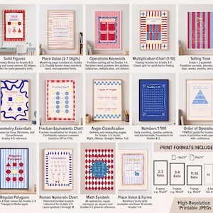 Puede incluir: Una colecci&oacute;n de catorce p&oacute;steres educativos de matem&aacute;ticas que presentan temas como figuras s&oacute;lidas, valor posicional, multiplicaci&oacute;n, geometr&iacute;a, fracciones, &aacute;ngulos, n&uacute;meros 1-100, operaciones, pol&iacute;gonos, n&uacute;meros romanos y s&iacute;mbolos matem&aacute;ticos.