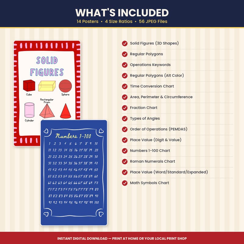 Puede incluir: Un conjunto de p&oacute;steres educativos digitales con 14 p&oacute;steres, 4 relaciones de aspecto y 56 archivos JPEG. La imagen muestra un p&oacute;ster con borde rojo de figuras s&oacute;lidas y uno azul con los n&uacute;meros 1-100, junto a una lista de temas matem&aacute;ticos.