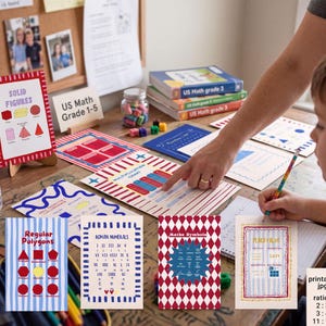 Puede incluir: Una colecci&oacute;n de carteles educativos de matem&aacute;ticas con tablas de figuras s&oacute;lidas, multiplicaci&oacute;n, pol&iacute;gonos regulares, n&uacute;meros romanos, s&iacute;mbolos matem&aacute;ticos y valor posicional, mostrados con bordes coloridos y texto claro sobre un escritorio.