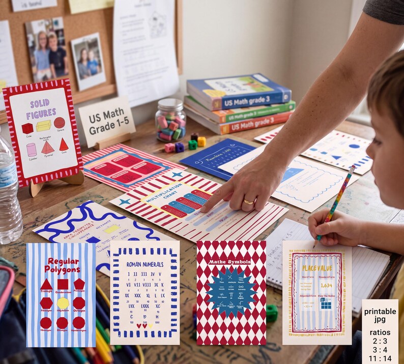 Puede incluir: Una colecci&oacute;n de carteles educativos de matem&aacute;ticas con tablas de figuras s&oacute;lidas, multiplicaci&oacute;n, pol&iacute;gonos regulares, n&uacute;meros romanos, s&iacute;mbolos matem&aacute;ticos y valor posicional, mostrados con bordes coloridos y texto claro sobre un escritorio.