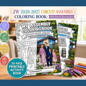 以下が含まれることがあります： 30ページの印刷可能な塗り絵「JW 2026-2027 Circuit Assembly Coloring Book: With Branch Representative」。表紙には線画と、建物に向かって歩く家族と花壇のフルカラーイラストが描かれています。