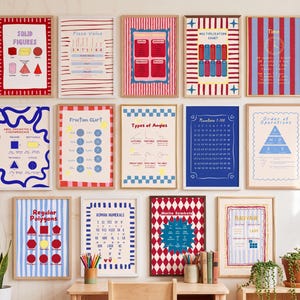 Une collection de quatorze affiches éducatives encadrées présentant des concepts mathématiques tels que les solides, la valeur de position, la multiplication, les fractions, les angles, les nombres, les opérations et les symboles.