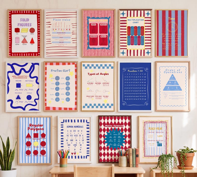 Une collection de quatorze affiches éducatives encadrées présentant des concepts mathématiques tels que les solides, la valeur de position, la multiplication, les fractions, les angles, les nombres, les opérations et les symboles.