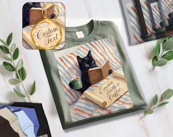 Custom Black Cat Reading T-Shirt, Bookish Merch Shirt, Book Reader Shirt, booklover shirts, Librarian Shirt, Personalized Book Lover Gift