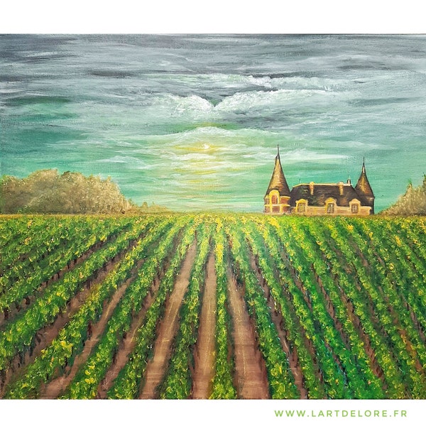 Tableau toile Peinture Vignes verger et château de Sauternes Bordeaux acrylique unique original 55x46cm vignoble doré lever de soleil soleil