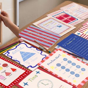 Puede incluir: Una colecci&oacute;n de carteles educativos con conceptos de matem&aacute;ticas y geometr&iacute;a que incluyen tipos de &aacute;ngulos, figuras s&oacute;lidas, orden de operaciones, fracciones, tiempo y tablas de multiplicar, exhibidos en un escritorio y marco de madera.