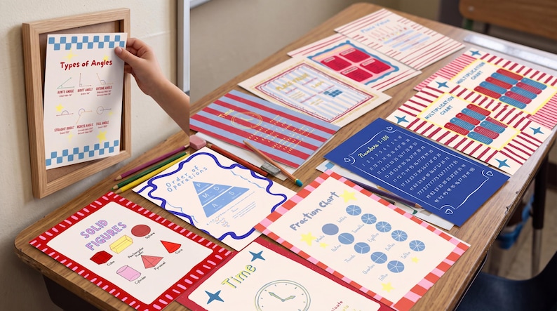 Puede incluir: Una colecci&oacute;n de carteles educativos con conceptos de matem&aacute;ticas y geometr&iacute;a que incluyen tipos de &aacute;ngulos, figuras s&oacute;lidas, orden de operaciones, fracciones, tiempo y tablas de multiplicar, exhibidos en un escritorio y marco de madera.