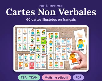 Puede incluir: Un conjunto de 60 tarjetas de comunicación no verbal imprimibles en francés, con ilustraciones de niños expresando diversas necesidades y emociones con etiquetas de texto. Las tarjetas se muestran en hojas y de forma individual.