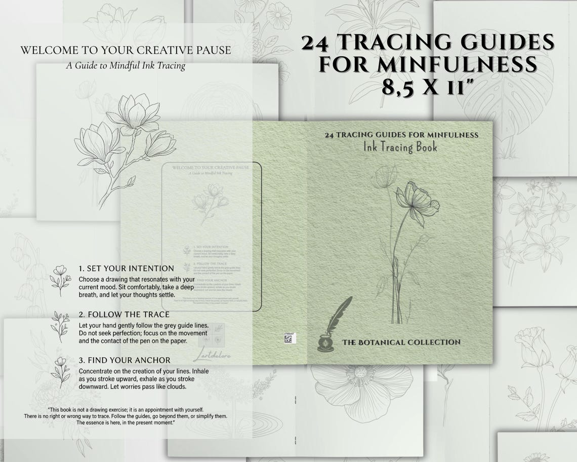 Botanical Ink Tracing Book for Mindfulness Vol1, Minimalist Booklet ...