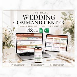 Peut inclure: Un outil numérique de planification de mariage intitulé The Ultimate Wedding Command Center, comprenant 48 onglets pour Google Sheets et Excel. L'écran affiche un ordinateur portable, une tablette et un smartphone avec des tableaux de bord de données.