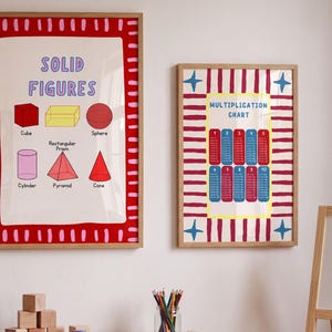 Puede incluir: Dos p&oacute;steres educativos enmarcados en madera clara. El p&oacute;ster de la izquierda titulado Solid Figures muestra un cubo, un prisma rectangular, una esfera, un cilindro, una pir&aacute;mide y un cono. El p&oacute;ster de la derecha es una tabla de multiplicar.