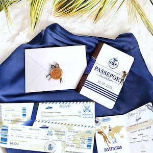invitation de mariage passeport carte voyage faire part bleu beige or doré personnalisation mariage enveloppe croisière bohème * wedding