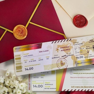 Faire-part de mariage jw carte  voyage passeport bordeaux beige doré billet invitation avion papeterie destination passport inviting invit