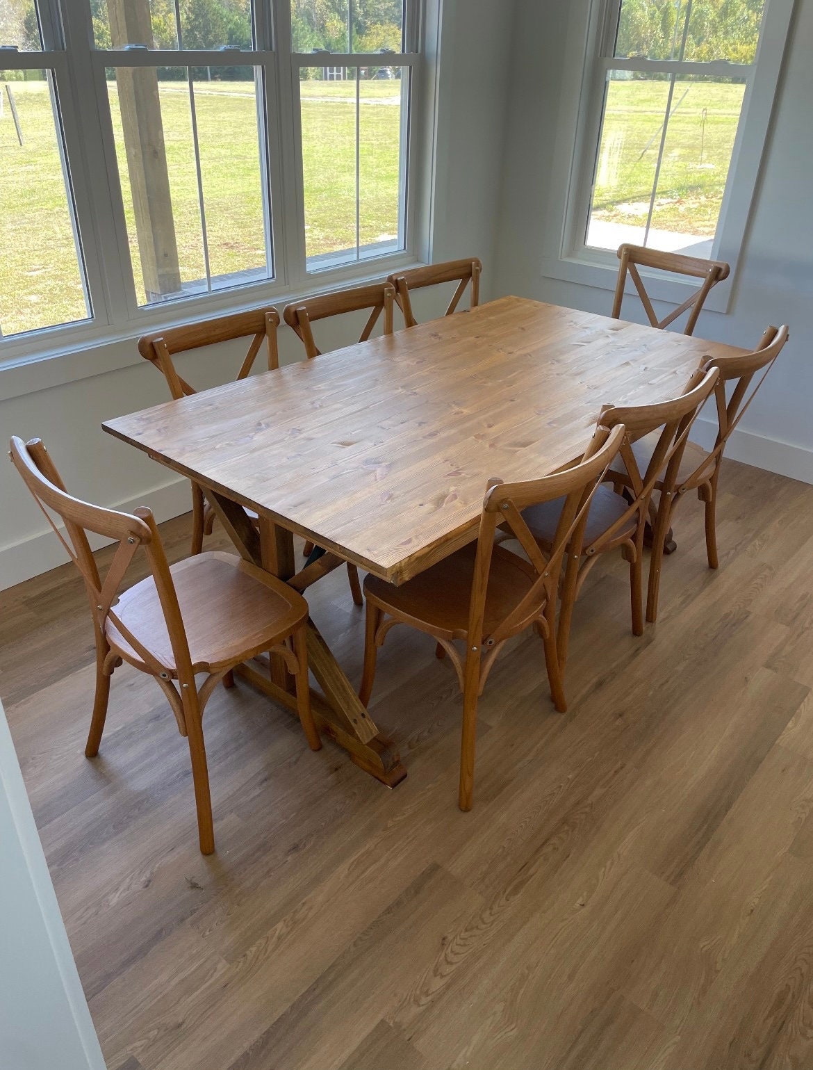 Rustic Dining Table Set for 4, Round Extendable Table with Cross Legs and 4  Upholstered Dining Chairs, 5 Pieces Solid Wood Farmhouse Dining Set, for  Dining Room Kitchen Living Room, Natural 