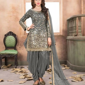 Women's Wedding Wear Mirror Work Semi Patiala Salwar Kameez Suit Ethnic Wear Punjabi Suit Designer Wear Bridal Wear Party Wear image 3