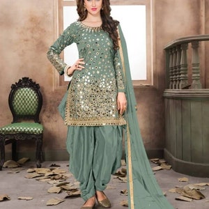 Women's Wedding Wear Mirror Work Semi Patiala Salwar Kameez Suit Ethnic Wear Punjabi Suit Designer Wear Bridal Wear Party Wear image 5