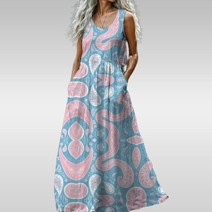 Tropical Sleeveless Maxi Dress for Trans Women & Femboys – Flowing High Waist Summer Dress | Gender Affirming Feminine Fit
