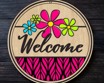 Panneau de bienvenue - fleurs de bienvenue, SVG, IA, Pdf, Svg, PDF, Dxf, Png, Jpeg - téléchargement numérique - aucun élément physique inclus