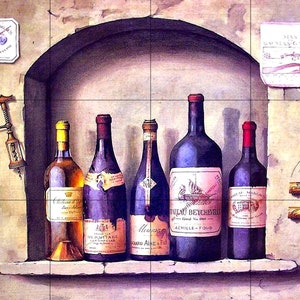 May include: Five bottles of wine with labels, two corkscrews, and four wine corks on a stone shelf in a stone alcove. The labels read "Chateau de Saumur", "Le Pagnol", "Meursault", "Beaujeu Beychevelle", and "Chateau de Millac".