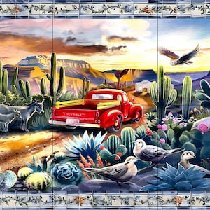 Desert 14 Tile Murals Red Pickup Truck Home Decor Wall Murals Backsplash Southwestern Art Interior Design Kitchen Murals