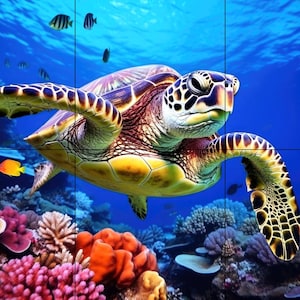 May include: A vibrant underwater scene featuring a sea turtle swimming near colorful coral reefs. The turtle has a patterned shell and flippers, with a yellow and brown color scheme. Small fish swim in the blue water.