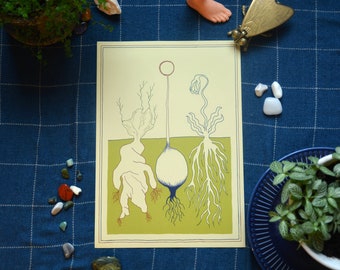 Abstract Surreal Vegetable Roots Illustration / Food Kitchen Wall Art / A4 Portrait Digital Art Print
