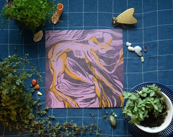 Abstract Lino Illustration Print / Tree Hyena Nature Wall Art / Inspired by Leonora Carrington / A3 Square Digital Art Print