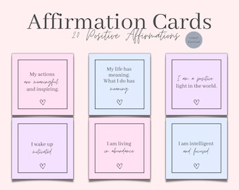 May include: Set of 20 affirmation cards with positive messages printed on pastel pink, blue, and purple backgrounds. The cards feature black text and a small heart symbol at the bottom of each card.