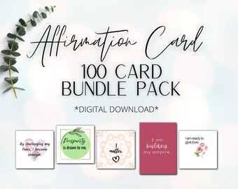 May include: A digital download bundle of 100 affirmation cards. The image shows four sample cards with positive affirmations, such as "Prosperity is drawn to me." and "I am building my empire."