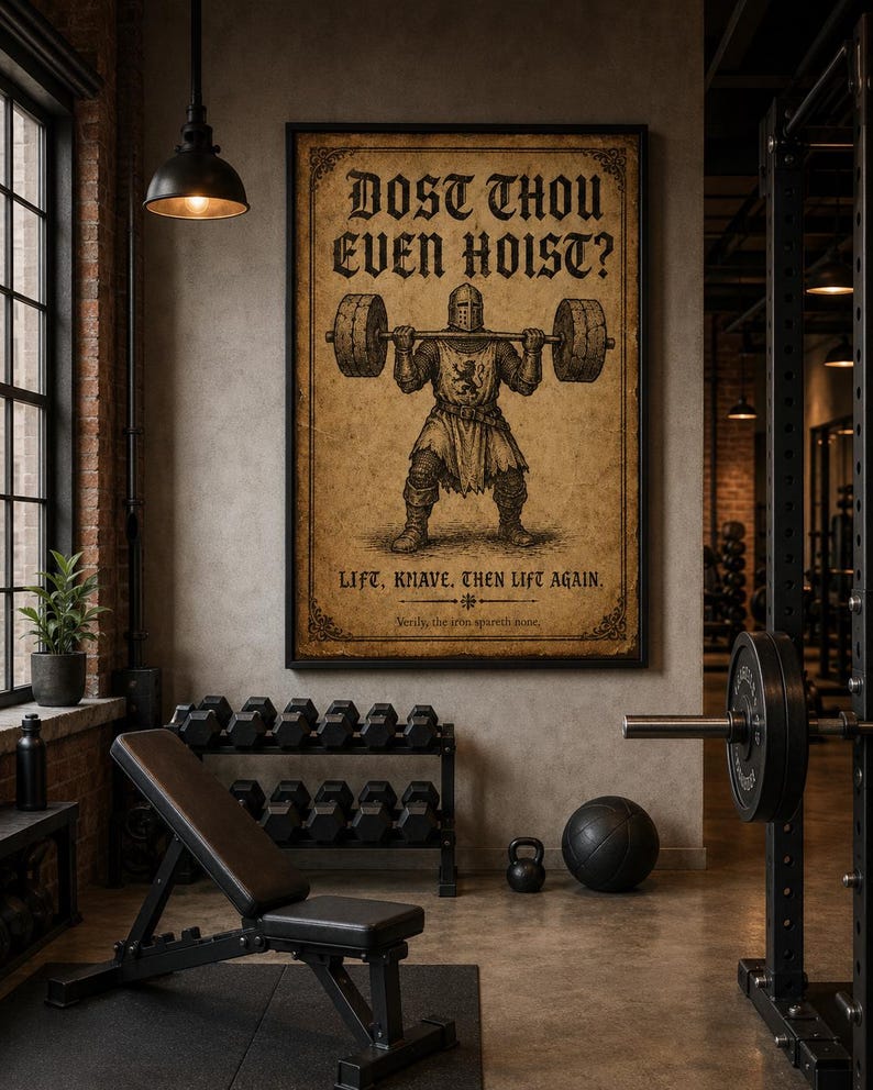 May include: A rectangular framed wall poster featuring a vintage-style illustration of a knight in armor lifting a barbell. The text reads: DOST THOU EVEN HOIST? LIFT, KNAVE, THEN LIFT AGAIN. Verily, the iron spareth none. The background is aged parchment.