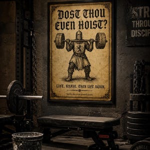 May include: A rectangular framed wall poster with a vintage parchment-style background featuring a black ink illustration of a knight in armor lifting a barbell. The text reads: DOST THOU EVEN HOIST? LIFT, KNAVE. THEN LIFT AGAIN. Verily, the iron spareth none.