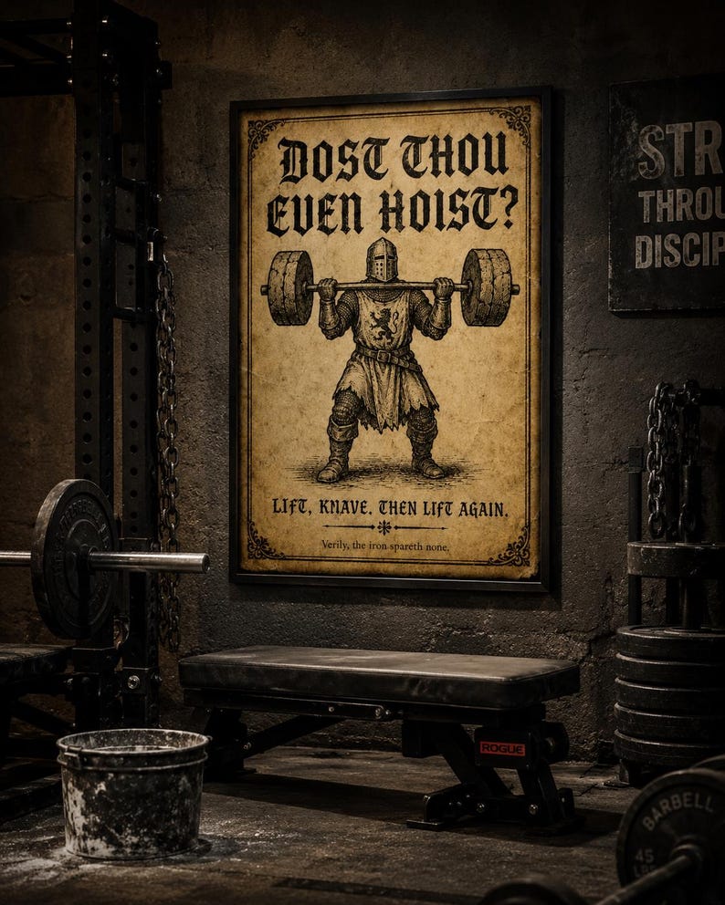 May include: A rectangular framed wall poster with a vintage parchment-style background featuring a black ink illustration of a knight in armor lifting a barbell. The text reads: DOST THOU EVEN HOIST? LIFT, KNAVE. THEN LIFT AGAIN. Verily, the iron spareth none.