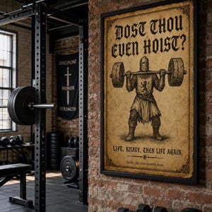 May include: A rectangular framed wall poster with a vintage parchment-style background featuring a black ink illustration of a medieval knight lifting a heavy barbell. The text reads: DOST THOU EVEN HOIST? LIFT, KNAVE. THEN LIFT AGAIN. Verily, the iron spareth none.