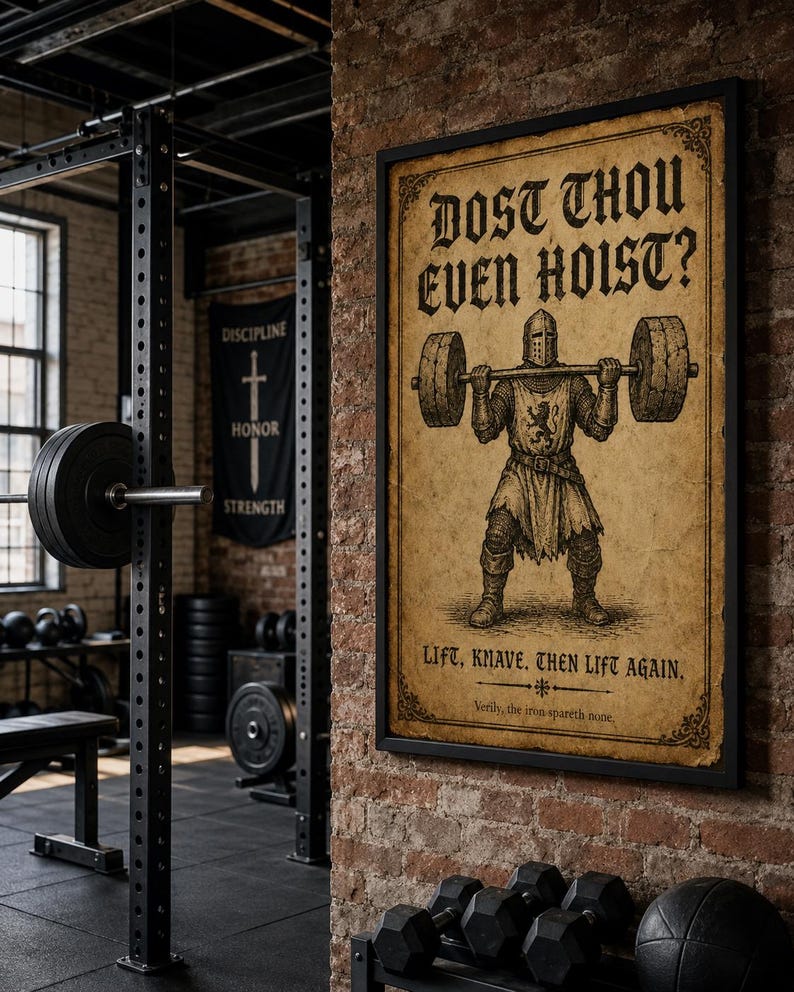 May include: A rectangular framed wall poster with a vintage parchment-style background featuring a black ink illustration of a medieval knight lifting a heavy barbell. The text reads: DOST THOU EVEN HOIST? LIFT, KNAVE. THEN LIFT AGAIN. Verily, the iron spareth none.